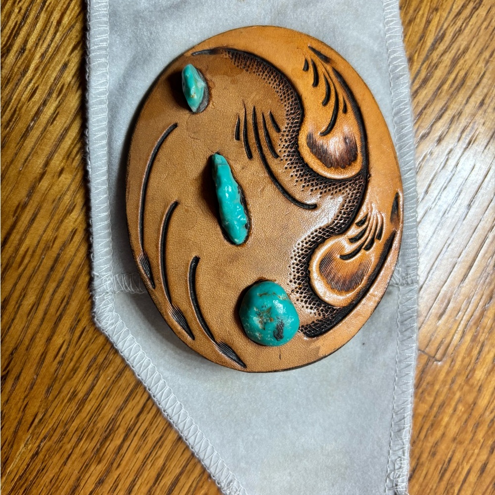 Leather Belt Buckle with Turquoise Accents
